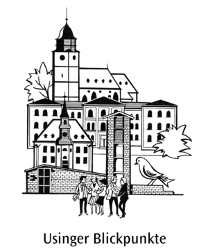 Logo des Projektes Usinger Blickpunkte, es zeigt stilisierte Bauwerke und Sehenswürdigkeiten in Usingen, schwarz vor weißem Hintergrund