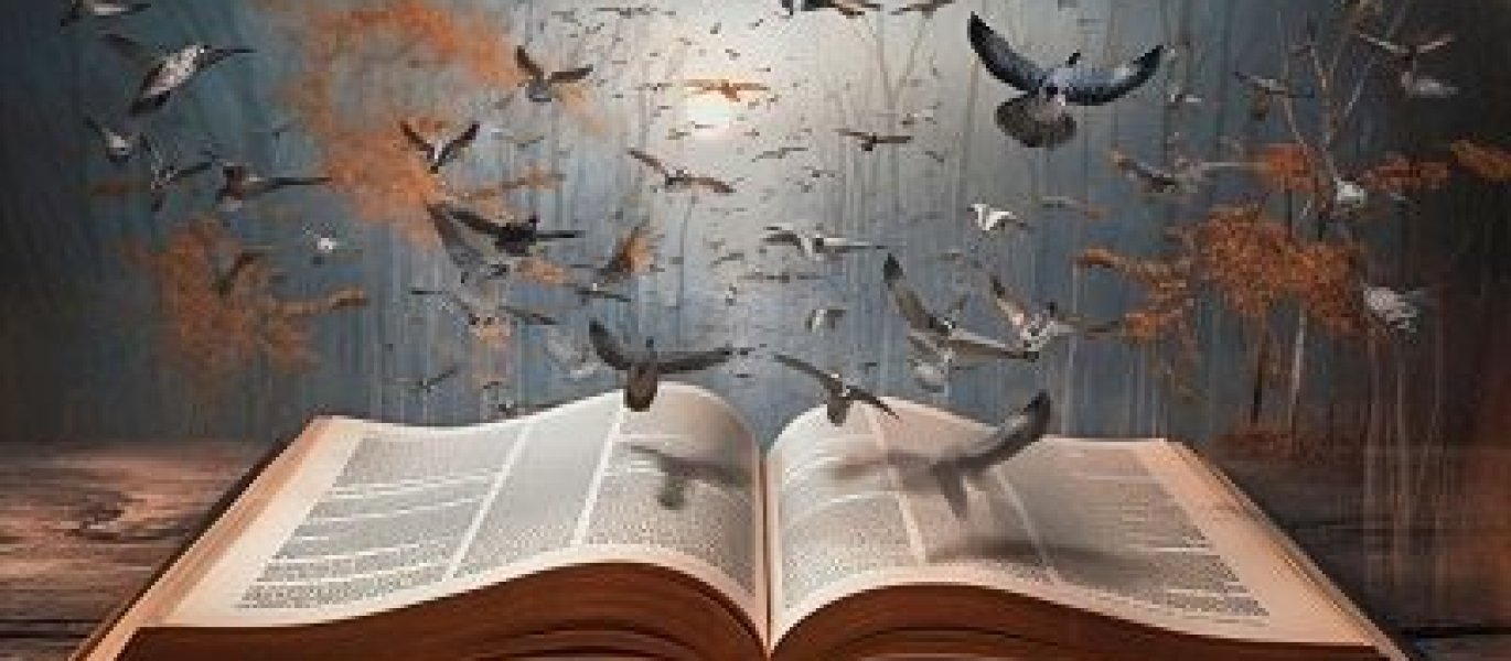 Aufgeschlagenes Buch aus dem Vögel fliegen zu unserer VE Willkommen im Geschichten Palast