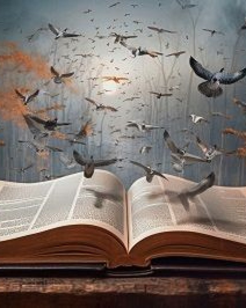 Aufgeschlagenes Buch aus dem Vögel fliegen zu unserer VE Willkommen im Geschichten Palast